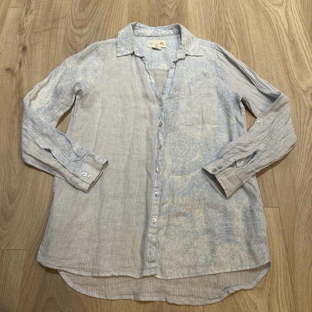 C&C California 100% Linen Blouse Top Medium Stripe Seashell Beach Vacation